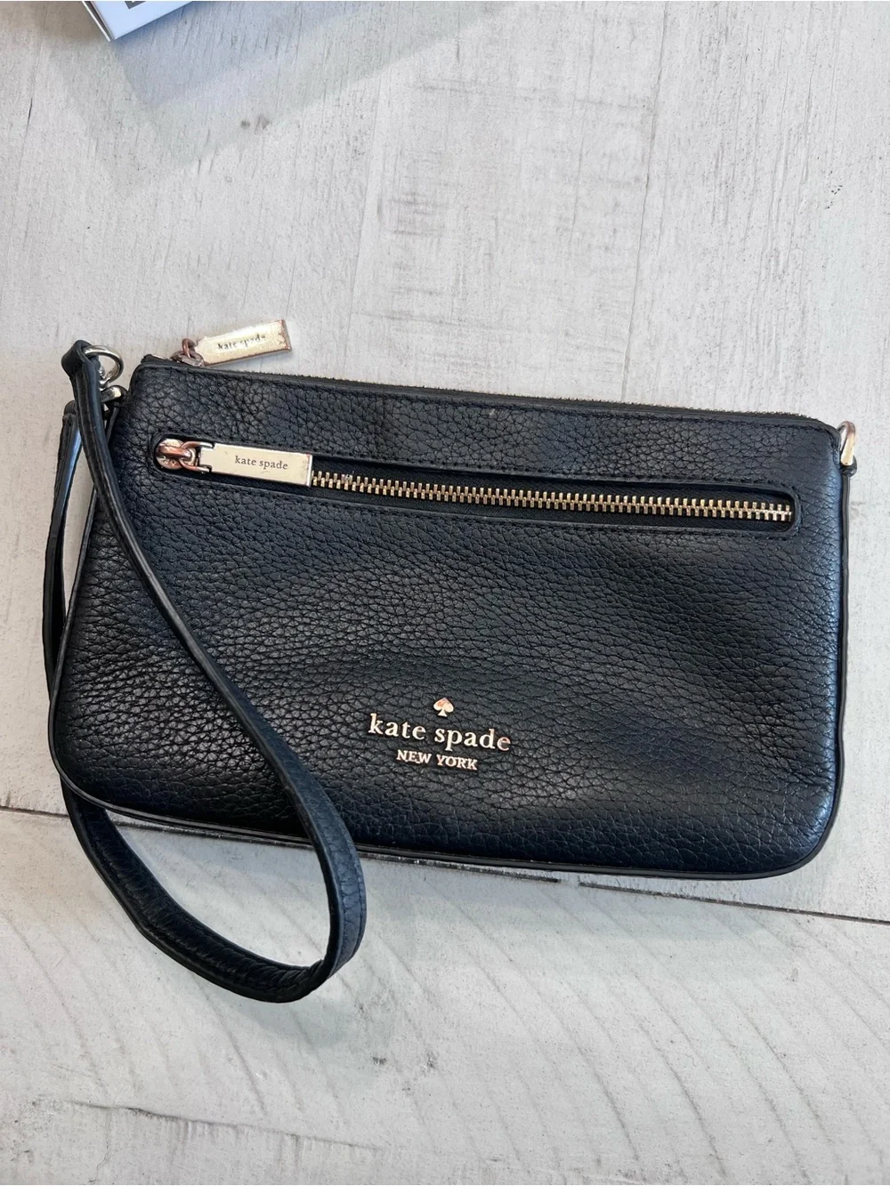 kate spade Black Pebbled Leather Wristlet with Gold Hardware